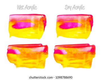 Vector red and gold paint smear stroke stain set. Abstract gold glittering textured art illustration. Gold Texture Paint Stain Illustration. Hand drawn brush strokes vector elements. Red, yellow.