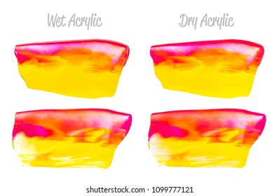 Vector red and gold paint smear stroke stain set. Abstract gold glittering textured art illustration. Gold Texture Paint Stain Illustration. Hand drawn brush strokes vector elements. Red, yellow.