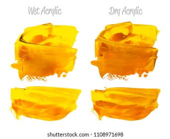 Vector red and gold paint smear stroke stain set. Abstract gold glittering textured art illustration. Acrylic Texture Paint Stain Illustration. Hand drawn brush strokes vector elements. Acrylic.
