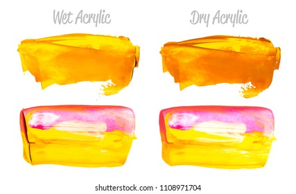 Vector red and gold paint smear stroke stain set. Abstract gold glittering textured art illustration. Acrylic Texture Paint Stain Illustration. Hand drawn brush strokes vector elements. Acrylic.