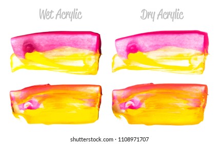 Vector red and gold paint smear stroke stain set. Abstract gold glittering textured art illustration. Acrylic Texture Paint Stain Illustration. Hand drawn brush strokes vector elements. Acrylic.