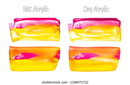 Vector red and gold paint smear stroke stain set. Abstract gold glittering textured art illustration. Acrylic Texture Paint Stain Illustration. Hand drawn brush strokes vector elements. Acrylic.