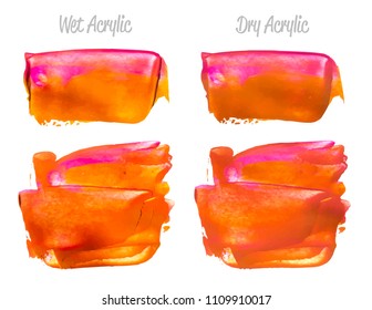 Vector red and gold paint smear stroke stain set. Abstract gold glittering textured art illustration. Acrylic Texture Paint Stain Illustration. Hand drawn brush strokes vector elements. Acrylic.