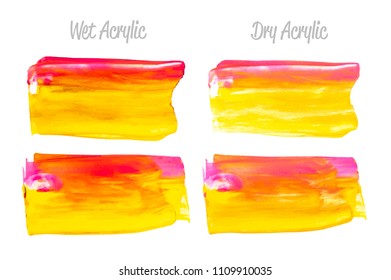 Vector red and gold paint smear stroke stain set. Abstract gold glittering textured art illustration. Acrylic Texture Paint Stain Illustration. Hand drawn brush strokes vector elements. Acrylic.