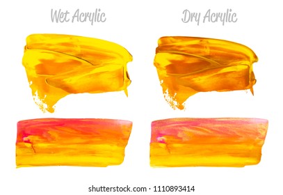 Vector red and gold paint smear stroke stain set. Abstract gold glittering textured art illustration. Acrylic Texture Paint Stain Illustration. Hand drawn brush strokes vector elements. Acrylic.