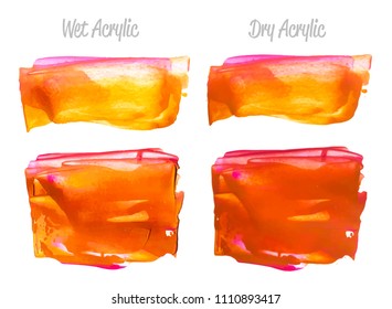 Vector red and gold paint smear stroke stain set. Abstract gold glittering textured art illustration. Acrylic Texture Paint Stain Illustration. Hand drawn brush strokes vector elements. Acrylic.
