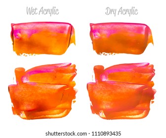 Vector red and gold paint smear stroke stain set. Abstract gold glittering textured art illustration. Acrylic Texture Paint Stain Illustration. Hand drawn brush strokes vector elements. Acrylic.