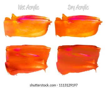 Vector red and gold paint smear stroke stain set. Abstract gold glittering textured art illustration. Acrylic Texture Paint Stain Illustration. Hand drawn brush strokes vector elements. Acrylic.