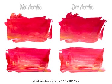 Vector red and gold paint smear stroke stain set. Abstract gold glittering textured art illustration. Acrylic Texture Paint Stain Illustration. Hand drawn brush strokes vector elements. Acrylic.