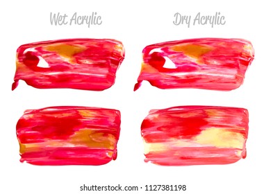 Vector red and gold paint smear stroke stain set. Abstract gold glittering textured art illustration. Acrylic Texture Paint Stain Illustration. Hand drawn brush strokes vector elements. Acrylic.