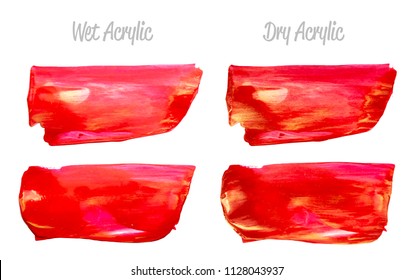 Vector red and gold paint smear stroke stain set. Abstract gold glittering textured art illustration. Acrylic Texture Paint Stain Illustration. Hand drawn brush strokes vector elements. Acrylic.