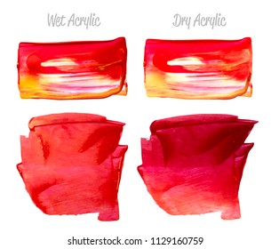 Vector red and gold paint smear stroke stain set. Abstract gold glittering textured art illustration. Acrylic Texture Paint Stain Illustration. Hand drawn brush strokes vector elements. Acrylic.