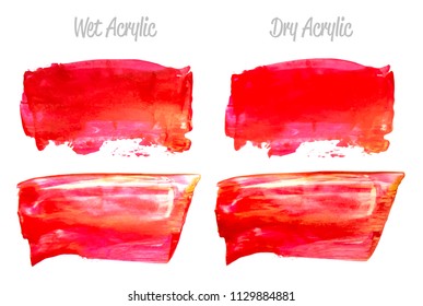 Vector red and gold paint smear stroke stain set. Abstract gold glittering textured art illustration. Acrylic Texture Paint Stain Illustration. Hand drawn brush strokes vector elements. Acrylic.