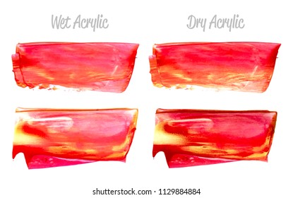 Vector red and gold paint smear stroke stain set. Abstract gold glittering textured art illustration. Acrylic Texture Paint Stain Illustration. Hand drawn brush strokes vector elements. Acrylic.