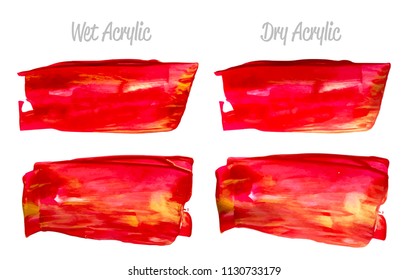 Vector red and gold paint smear stroke stain set. Abstract gold glittering textured art illustration. Acrylic Texture Paint Stain Illustration. Hand drawn brush strokes vector elements. Acrylic.