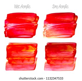 Vector red and gold paint smear stroke stain set. Abstract gold glittering textured art illustration. Acrylic Texture Paint Stain Illustration. Hand drawn brush strokes vector elements. Acrylic.
