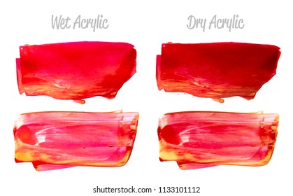 Vector red and gold paint smear stroke stain set. Abstract gold glittering textured art illustration. Acrylic Texture Paint Stain Illustration. Hand drawn brush strokes vector elements. Acrylic.