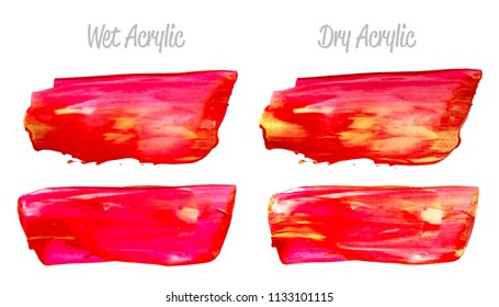 Vector red and gold paint smear stroke stain set. Abstract gold glittering textured art illustration. Acrylic Texture Paint Stain Illustration. Hand drawn brush strokes vector elements. Acrylic.