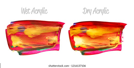 Vector red and gold paint smear stroke stain set. Abstract gold glittering textured art illustration. Acrylic Texture Paint Stain Illustration. Hand drawn brush strokes vector elements. Acrylic.