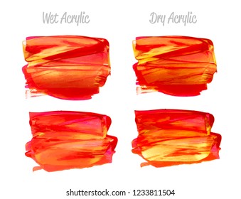 Vector red and gold paint smear stroke stain set. Abstract gold glittering textured art illustration. Gold Texture Paint Stain Illustration. Hand drawn brush strokes vector elements.