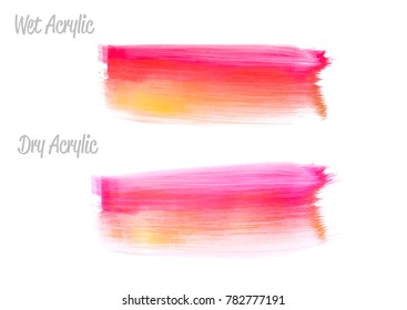 Vector red and gold paint smear stroke stain set. Abstract gold glittering textured art illustration. Wet and Dry Acrylic Texture Paint Illustration. Hand drawn brush strokes vector elements. Acrilyc.