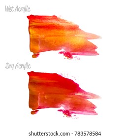 Vector red and gold paint smear stroke stain set. Abstract gold glittering textured art illustration. Wet and Dry Acrylic Texture Paint Illustration. Shape for text, wallpaper or design art work.