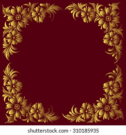 vector red and gold pattern with flowers, an ethnic Ukrainian ornament, Decorative frame corner, 