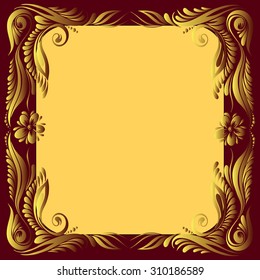 vector red and gold pattern with flowers, an ethnic Ukrainian ornament, Ethnic decorative golden frame