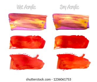 Vector red, gold and purple paint smear stroke stain set. Abstract gold glittering textured art illustration. Gold Texture Paint Stain Illustration. Hand drawn brush strokes vector elements.