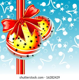 Cinta roja vectorial y cinta dorada con bola de Navidad y decoraciones.