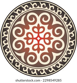 Vector red and gold round Kazakh national ornament. Ethnic pattern of the peoples of the Great Steppe, 
Mongols, Kyrgyz, Kalmyks, Buryats. circle, frame border.