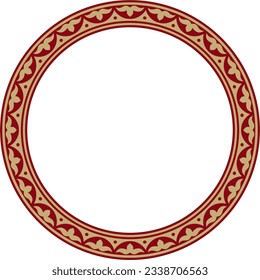 Vector red and gold round Kazakh national ornament. Ethnic pattern of the peoples of the Great Steppe, 
Mongols, Kyrgyz, Kalmyks, Buryats. circle, frame border.