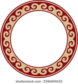 Vector red and gold round Kazakh national ornament. Ethnic pattern of the peoples of the Great Steppe, Mongols, Kyrgyz, Kalmyks, Buryats. circle, frame border.
