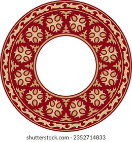 Vector red and gold round Kazakh national ornament. Ethnic pattern of the peoples of the Great Steppe, Mongols, Kyrgyz, Kalmyks, Buryats. circle, frame border.
