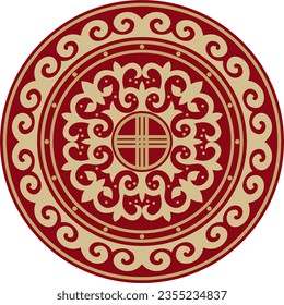 Vector red and gold round Kazakh national ornament. Ethnic pattern of the peoples of the Great Steppe, 
Mongols, Kyrgyz, Kalmyks, Buryats. circle, frame border.