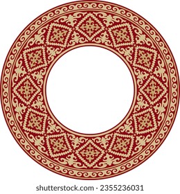 Vector red and gold round Kazakh national ornament. Ethnic pattern of the peoples of the Great Steppe, Mongols, Kyrgyz, Kalmyks, Buryats. circle, frame border.
