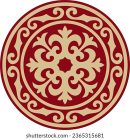 Vector red and gold round Kazakh national ornament. Ethnic pattern of the peoples of the Great Steppe, 
Mongols, Kyrgyz, Kalmyks, Buryats. circle, frame border.