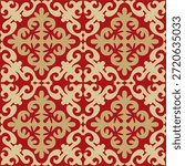 Vector red and gold seamless Kazakh national ornament. Ethnic endless pattern of the peoples of the Great Steppe, 
Mongols, Kyrgyz, Kalmyks, Buryats. circle, frame border.