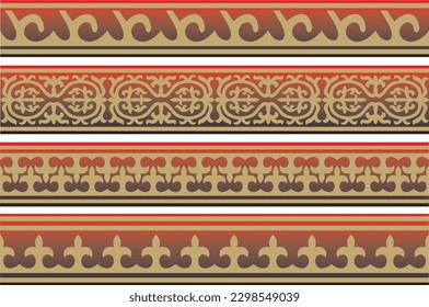 Vector red and gold seamless Kazakh national ornament. Ethnic endless pattern of the peoples of the Great Steppe, 
Mongols, Kyrgyz, Kalmyks, Buryats. circle, frame border.