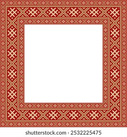 Vector red gold square belarusian national ornament frame. Ethnic pattern rectangle of Slavic peoples, Russian, Ukrainian, Serb, Pole, Bulgarian. Cross stitch template
