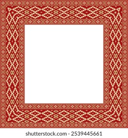 Vector red gold square belarusian national ornament frame. Ethnic pattern rectangle of Slavic peoples, Russian, Ukrainian, Serb, Pole, Bulgarian. Cross stitch template
