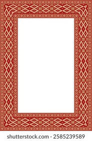 Vector red gold square belarusian national ornament frame. Ethnic pattern rectangle of Slavic peoples, Russian, Ukrainian, Serb, Pole, Bulgarian. Cross stitch template
