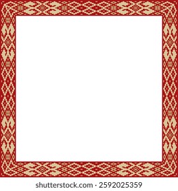 Vector red gold square belarusian national ornament frame. Ethnic pattern rectangle of Slavic peoples, Russian, Ukrainian, Serb, Pole, Bulgarian. Cross stitch template
