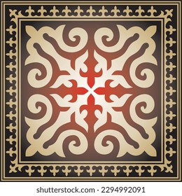 Vector red with gold Square Kazakh national ornament. Ethnic pattern of the peoples of the Great Steppe, 
Mongols, Kyrgyz, Kalmyks, Buryats.