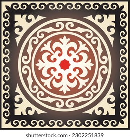 Vector red with gold Square Kazakh national ornament. Ethnic pattern of the peoples of the Great Steppe, Mongols, Kyrgyz, Kalmyks, Buryats.
