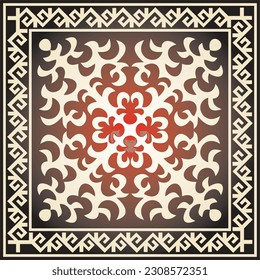 Vector red with gold Square Kazakh national ornament. Ethnic pattern of the peoples of the Great Steppe, 
Mongols, Kyrgyz, Kalmyks, Buryats.