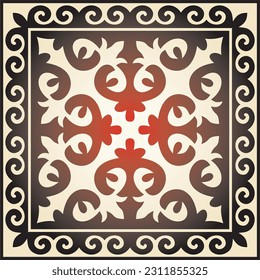 Vector red with gold Square Kazakh national ornament. Ethnic pattern of the peoples of the Great Steppe, 
Mongols, Kyrgyz, Kalmyks, Buryats.