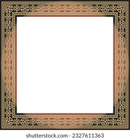 Vector red with gold Square Kazakh national ornament. Ethnic pattern of the peoples of the Great Steppe, 
Mongols, Kyrgyz, Kalmyks, Buryats. Square frame border.