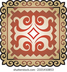 Vector red with gold Square Kazakh national ornament. Ethnic pattern of the peoples of the Great Steppe, Mongols, Kyrgyz, Kalmyks, Buryats.
