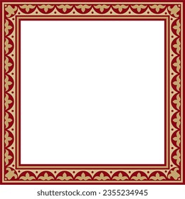 Vector red with gold Square Kazakh national ornament. Ethnic pattern of the peoples of the Great Steppe, 
Mongols, Kyrgyz, Kalmyks, Buryats. Square frame border.